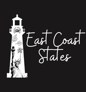 East Coast States Widget white writing and lighthouse on black background