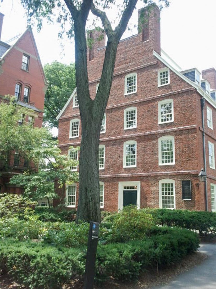 Red bricked Harvard building with green bushes in Boston