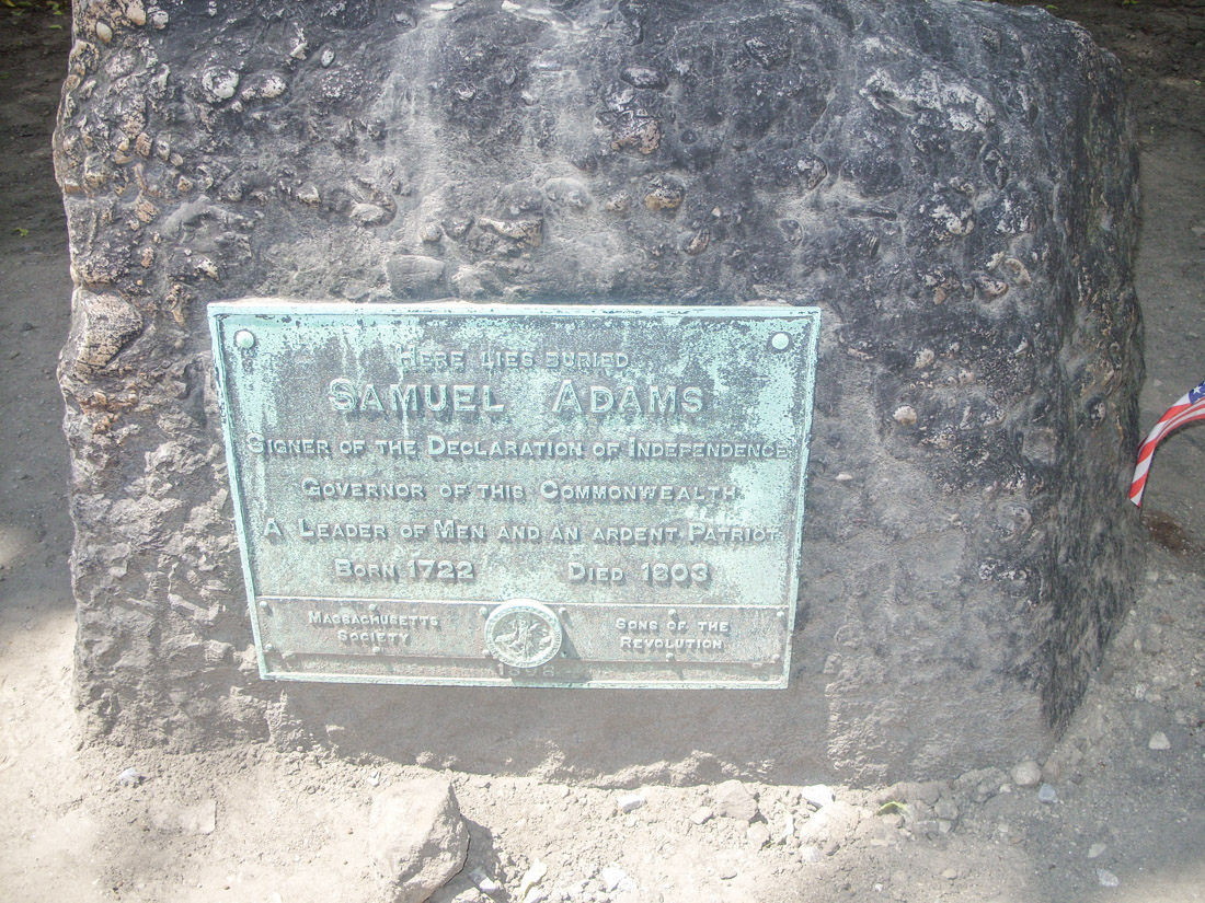 Green Samual Adams Plaque on rock at Granary Burying Ground