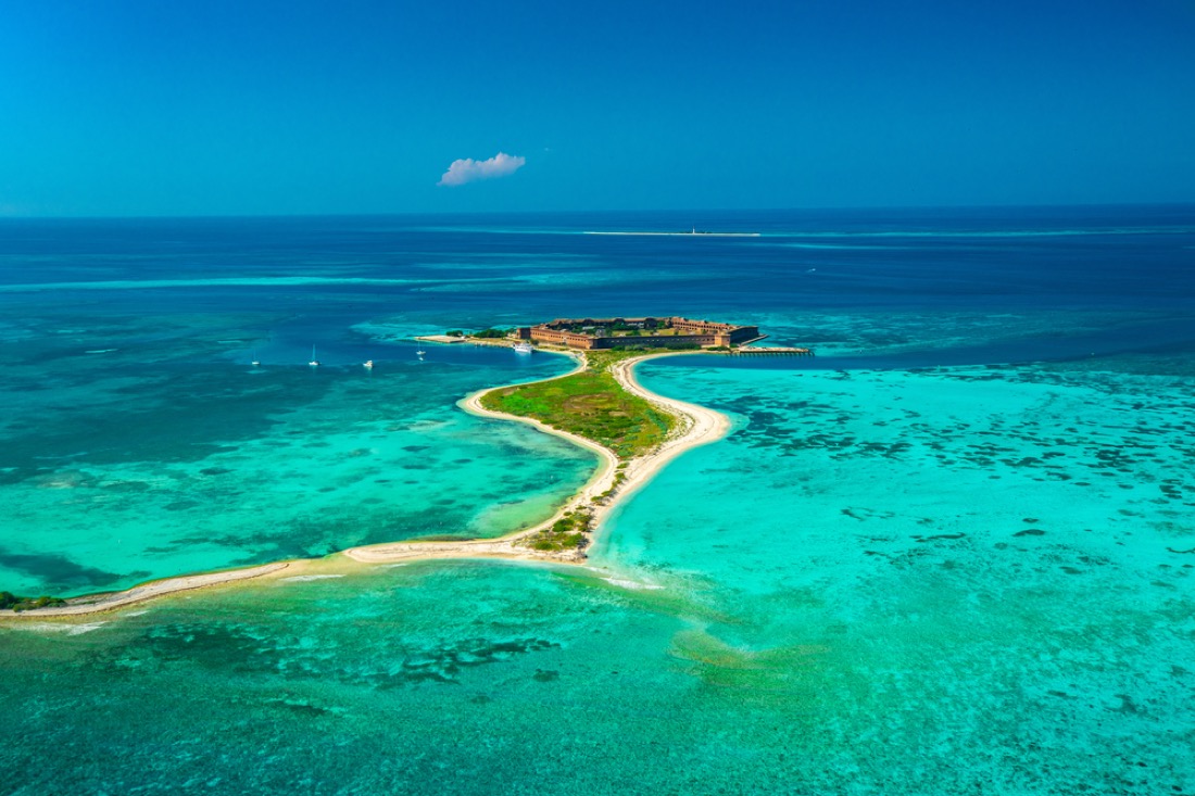 Aerial view of Civil War Fort Jefferson and Gulf of Mexico in Dry Tortugas National Park, Florida.