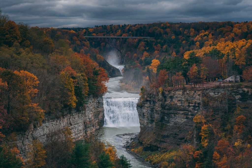 Autumn view of the Genesee River and Middle Falls from Inspiration Point, in Letchworth State Park, New York.4