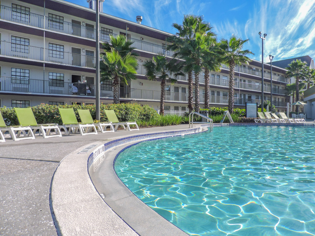 Avanti Resort Pool with hotel rooms behind it in Orlando. Florida