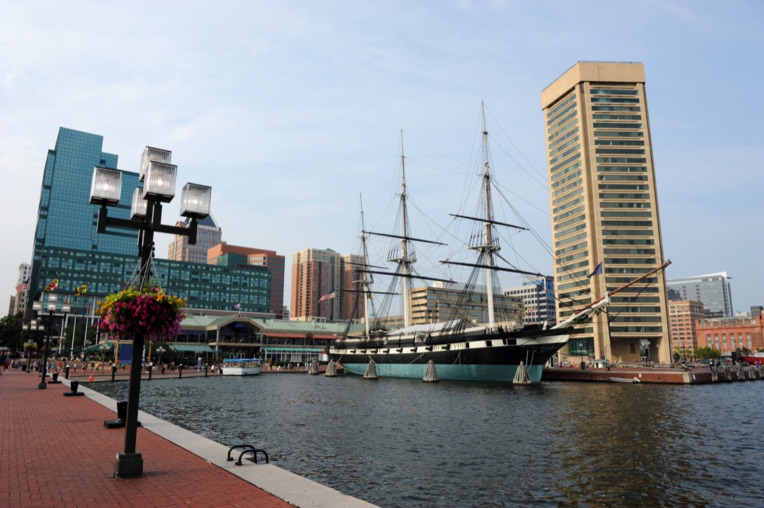 Baltimore Harbor with boat. Maryland.
