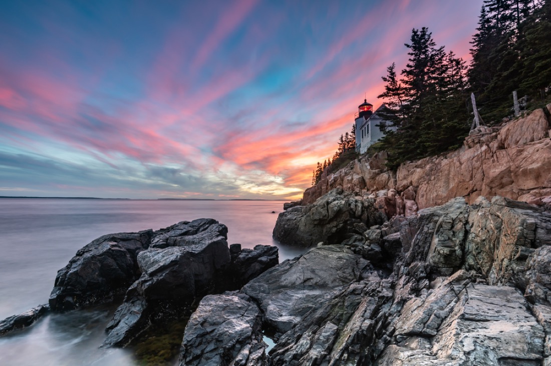 Sunset Bass Harbor Lighthouse in Acadia National Park, Maine