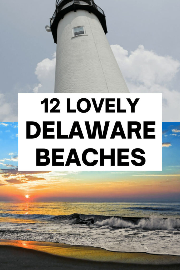 Beaches in Delware image with lighthouse on top and sunset on bottom