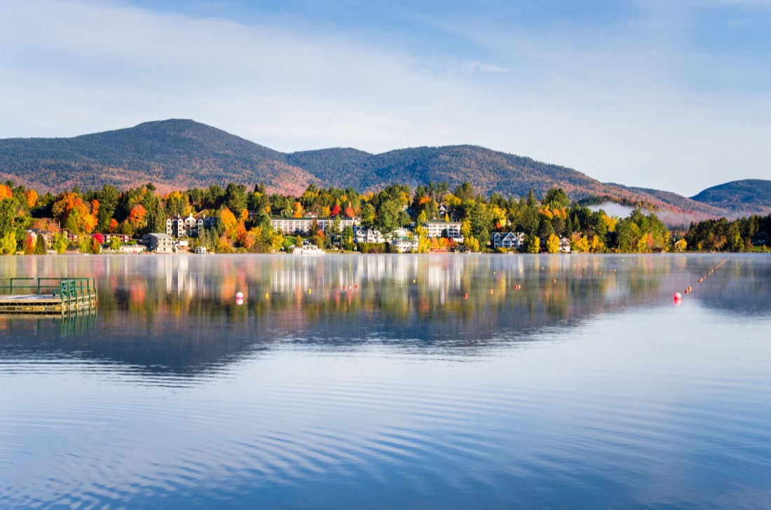 Beautiful Village of Lake Placid with fall colors at Adirondack Mountains New York State