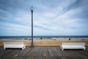 Benches on the boardwalk in Rehoboth Beach, Delaware.