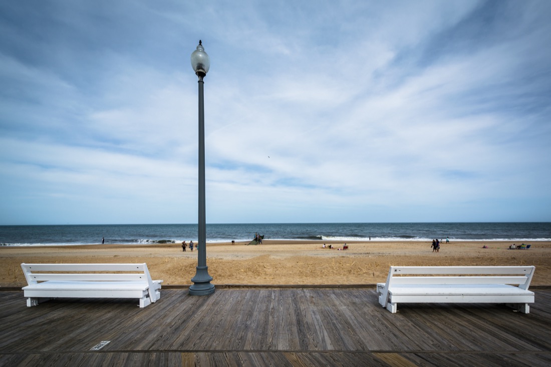 Benches on the boardwalk in Rehoboth Beach, Delaware. 