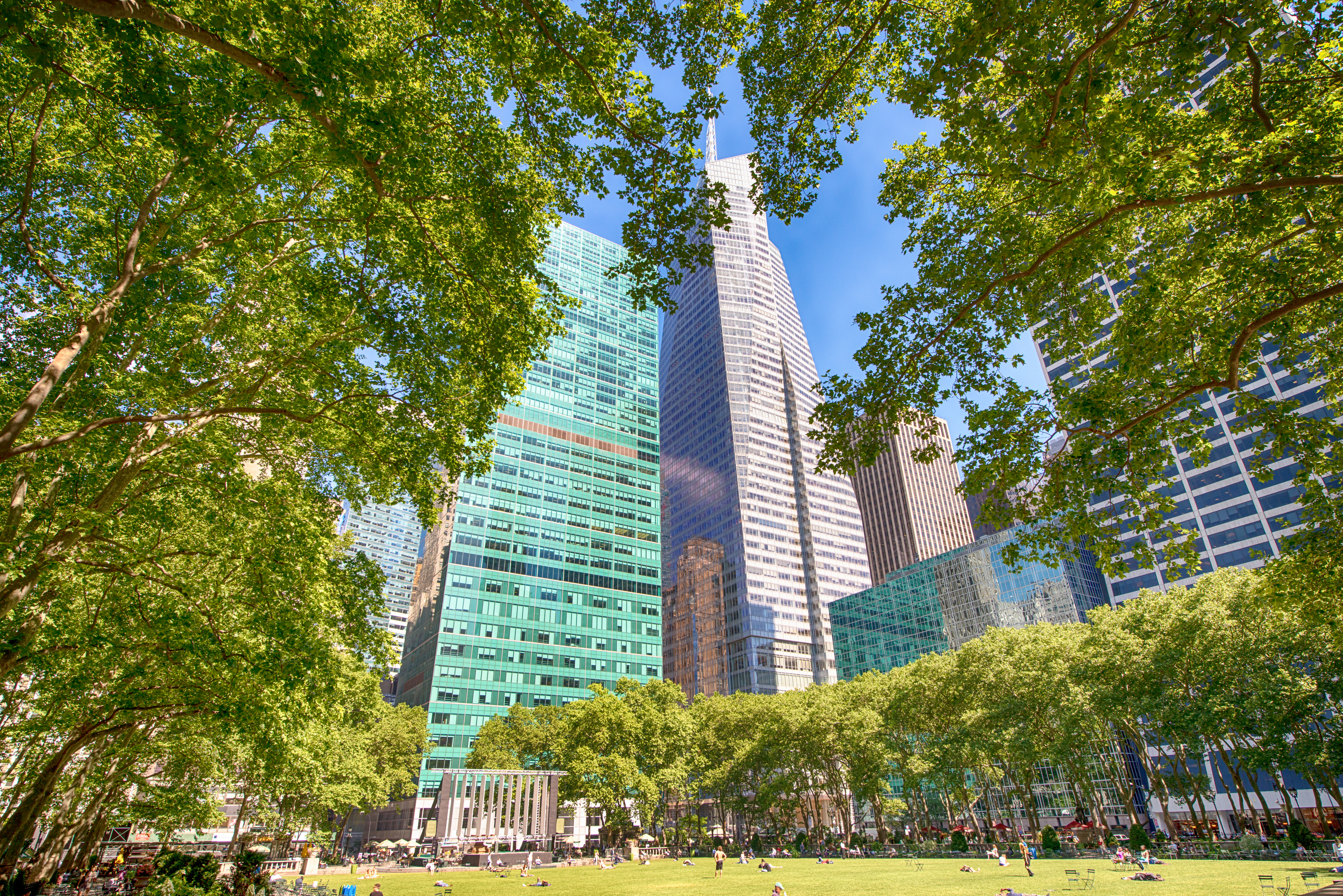 Sunny day in Byrant Park in New York with modern buildings framed by trees