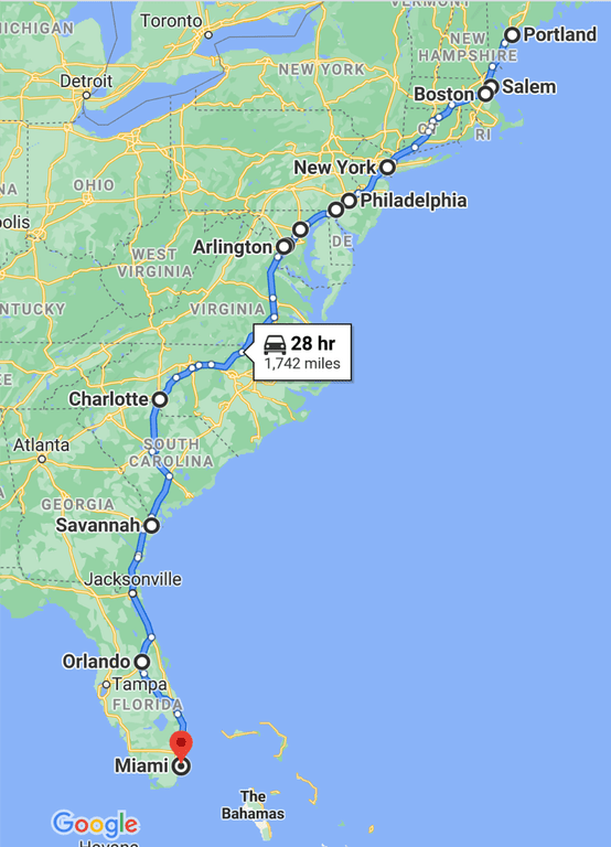 East Coast road trip map with stops