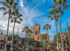 Hollywood Tower building lined with palm trees