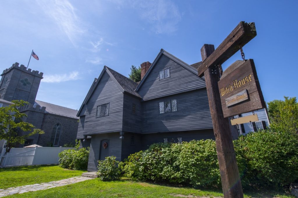 Dark gray Jonathan Corwin House is known as The Witch House in Salem, Massachusetts.