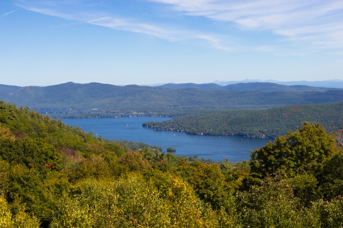 Aerial view of Lake George, NY surrounded by greeneries.