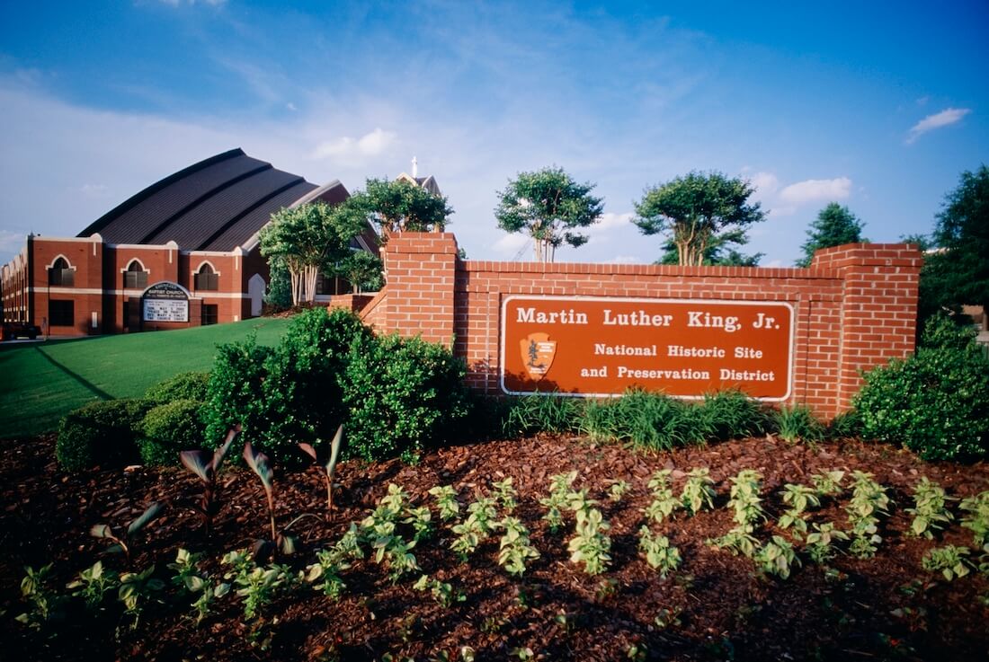 Entrance and sign for the Martin Luther King Jr. National Historic Site in Atlanta Georgia, a perfect place to visit during an Atlanta Memorial Day Weekend getaway
