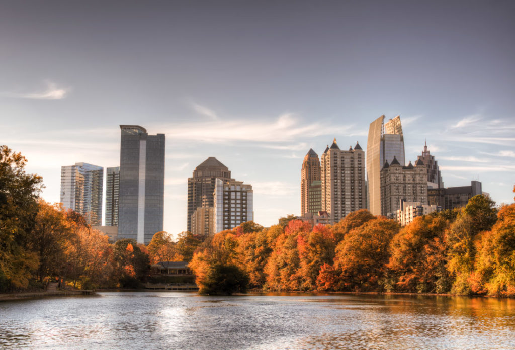 Midtown Atlanta in autumn colors viewed from Piedmont Park.