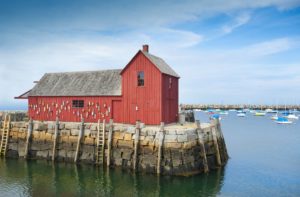 Red building called Motif No. 1 on Bradley Wharf Rockport