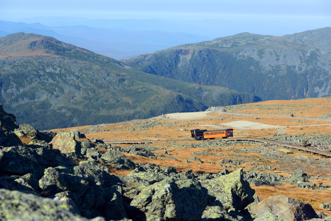 Mount Washington Cog Railroad at the top of Mount Washington in White Mountain in fall, New Hampshire. You can take the railway instead of hiking Mount Washington