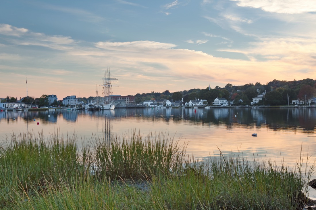 Dusk over water at Mystic Seaport, Connecticut.