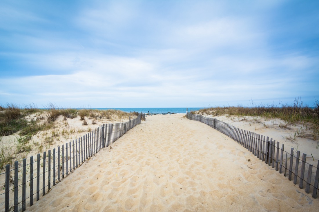 Fence and sandy path to the beach at Cape Henlopen State Park, in Rehoboth Beach. Delaware.