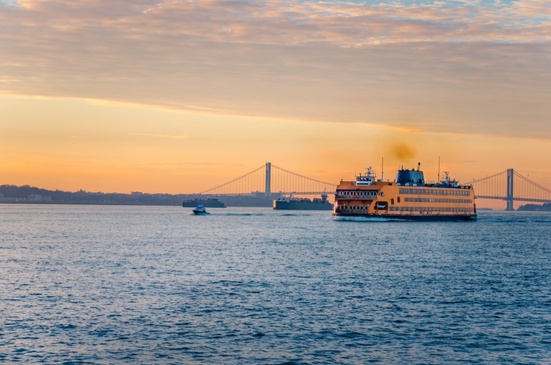 Staten Island ferry at dawn with sunset