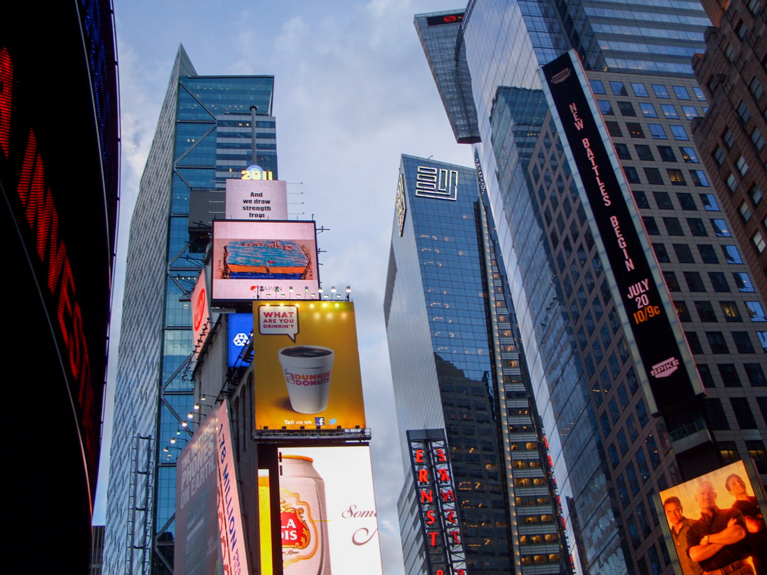Buildings in Times Square with billboards