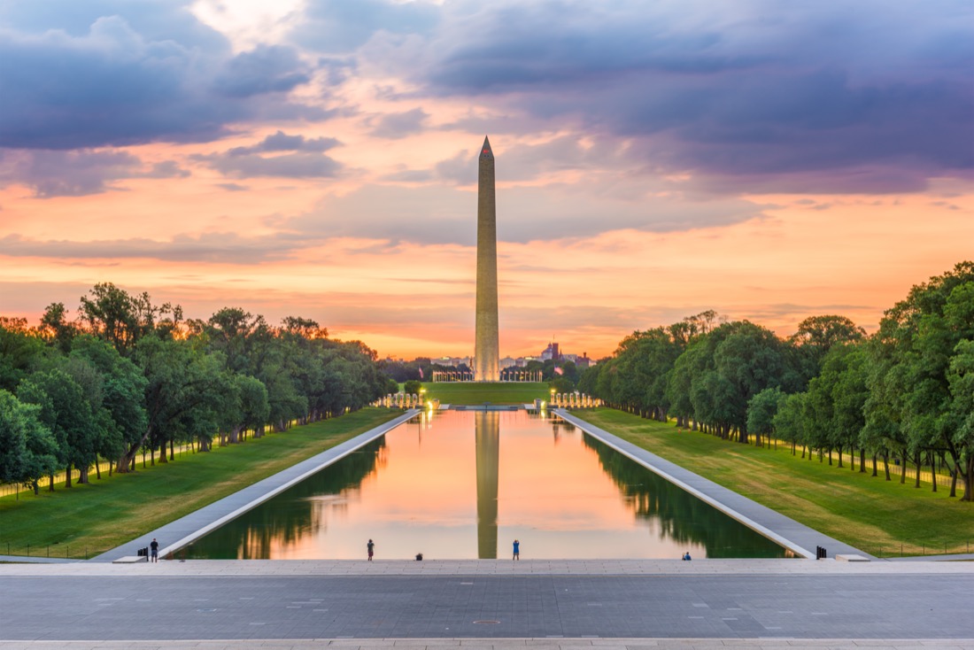 Sunset at Washington Monument on the Reflecting Pool in Washington, DC