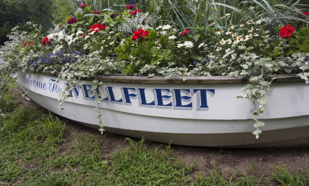 A small boat filled with flowers says Welcome to Wellfleet