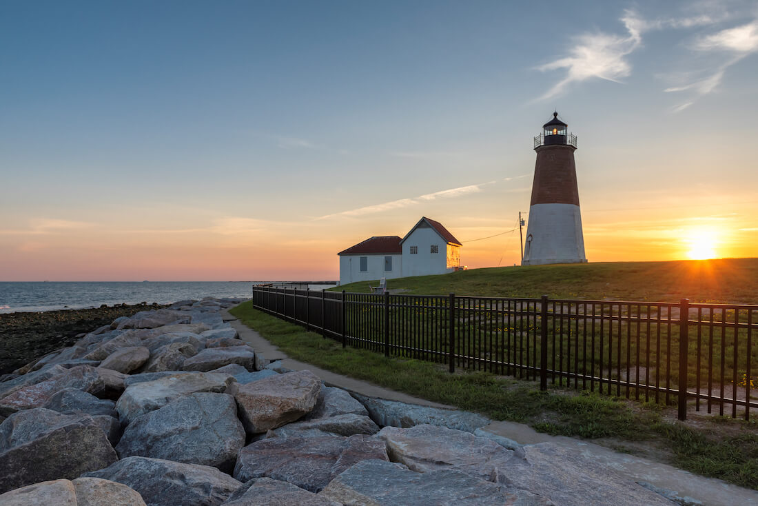 Sunset behind Point Judith Light in Rhode Island