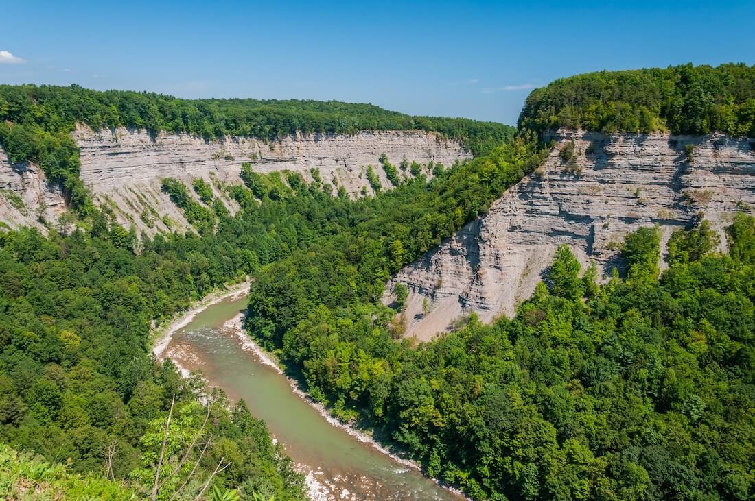 Aerial view of the Genesee River cutting through the gorge in Letchworth State Park, New York