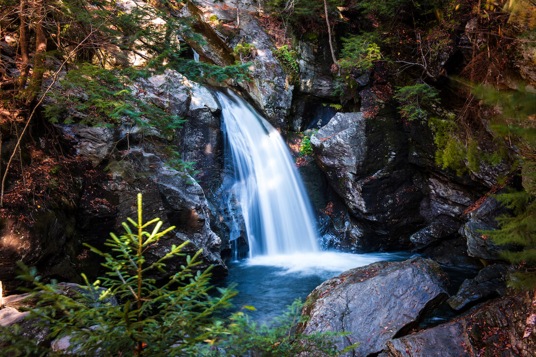 A long exposure shot of Bingham Falls in Smuggler's Notch near Stowe Vermont