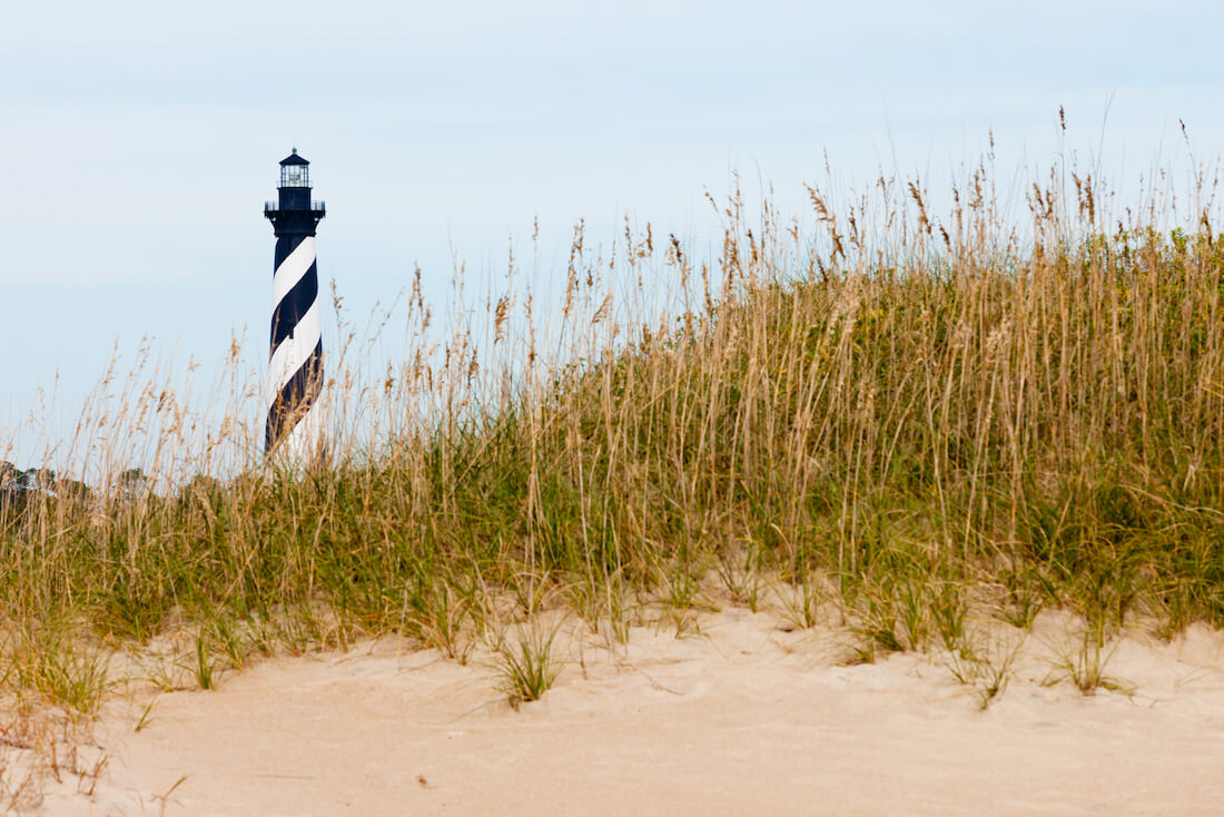 Cape Hatteras Lighthouse towers over beach dunes of Outer Banks