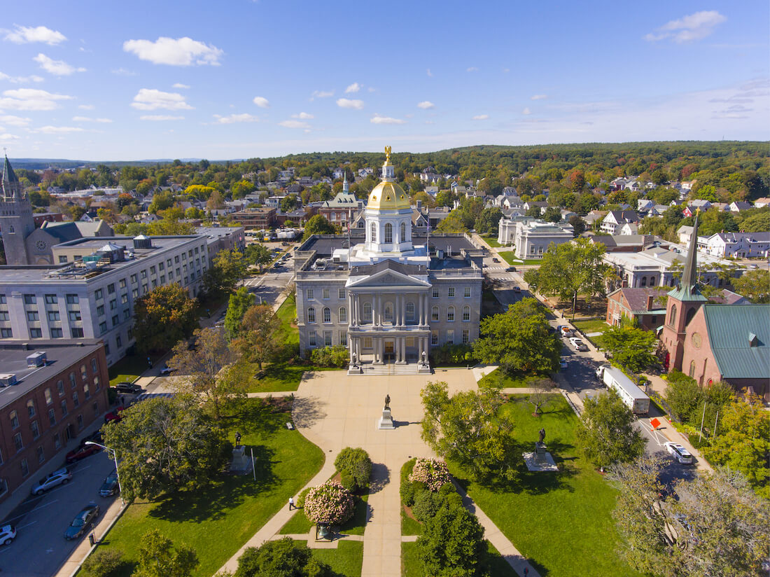 Aerial view of the New Hampshire State House with its gold leaf dome in Concord, NH