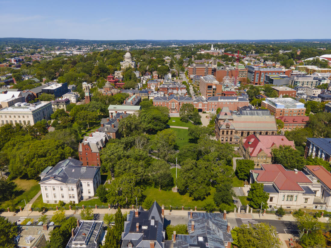 Aerial view over Brown University campus in Providence RI with lots of trees and green spaces