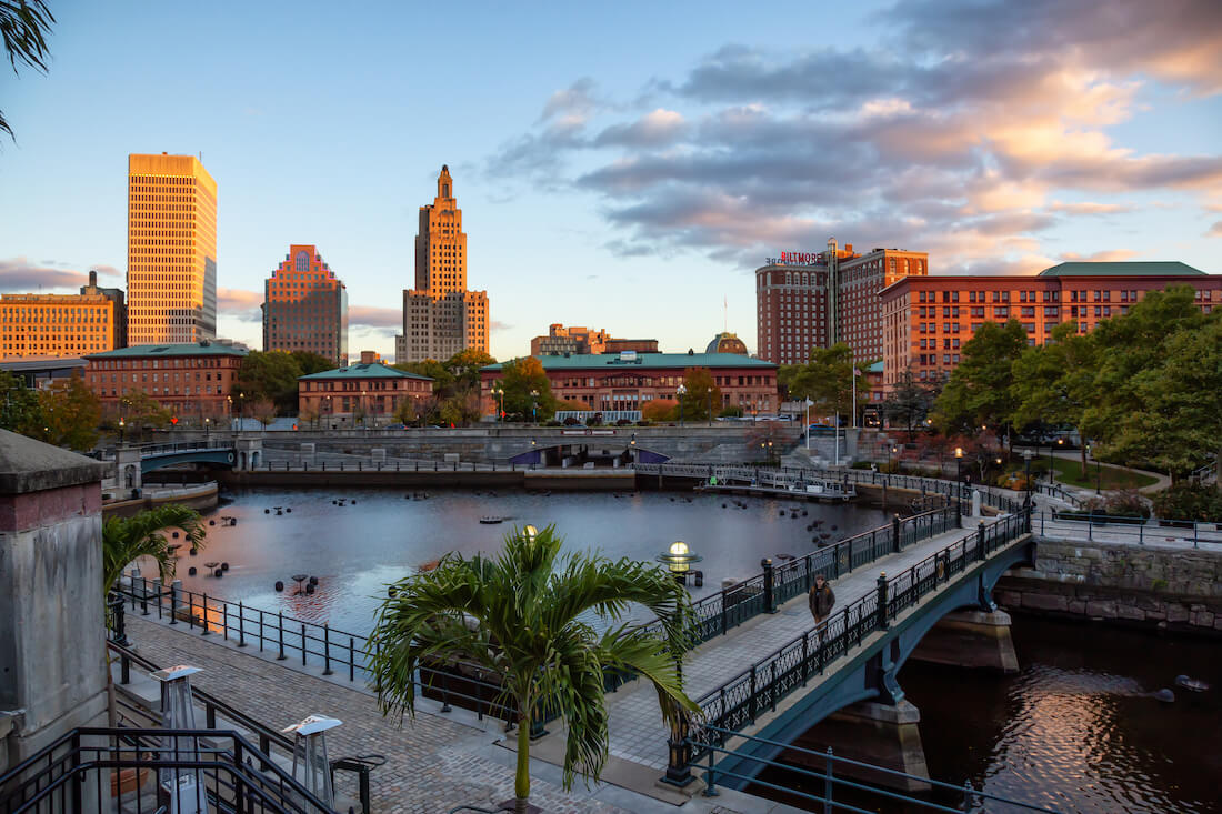 View of the skyline of Downtown Providence Rhode Island at sunset