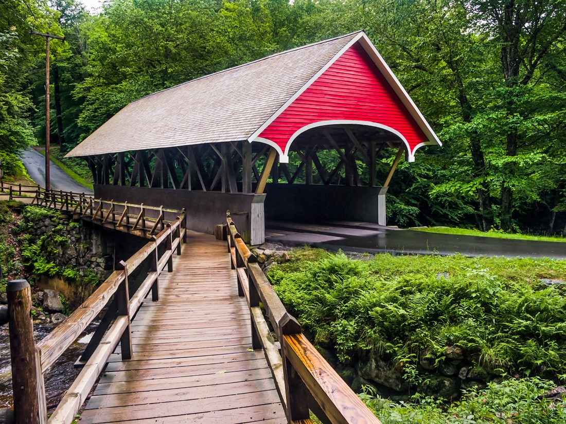 Red roofed Flume Covered Bridge in Lincoln New Hampshire