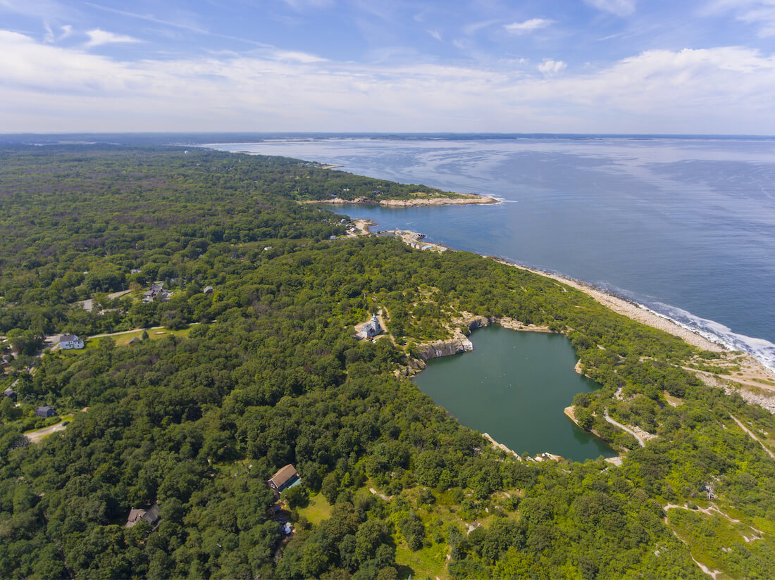 Aerial view of Halibut Point State Park in Rockport Massachusetts