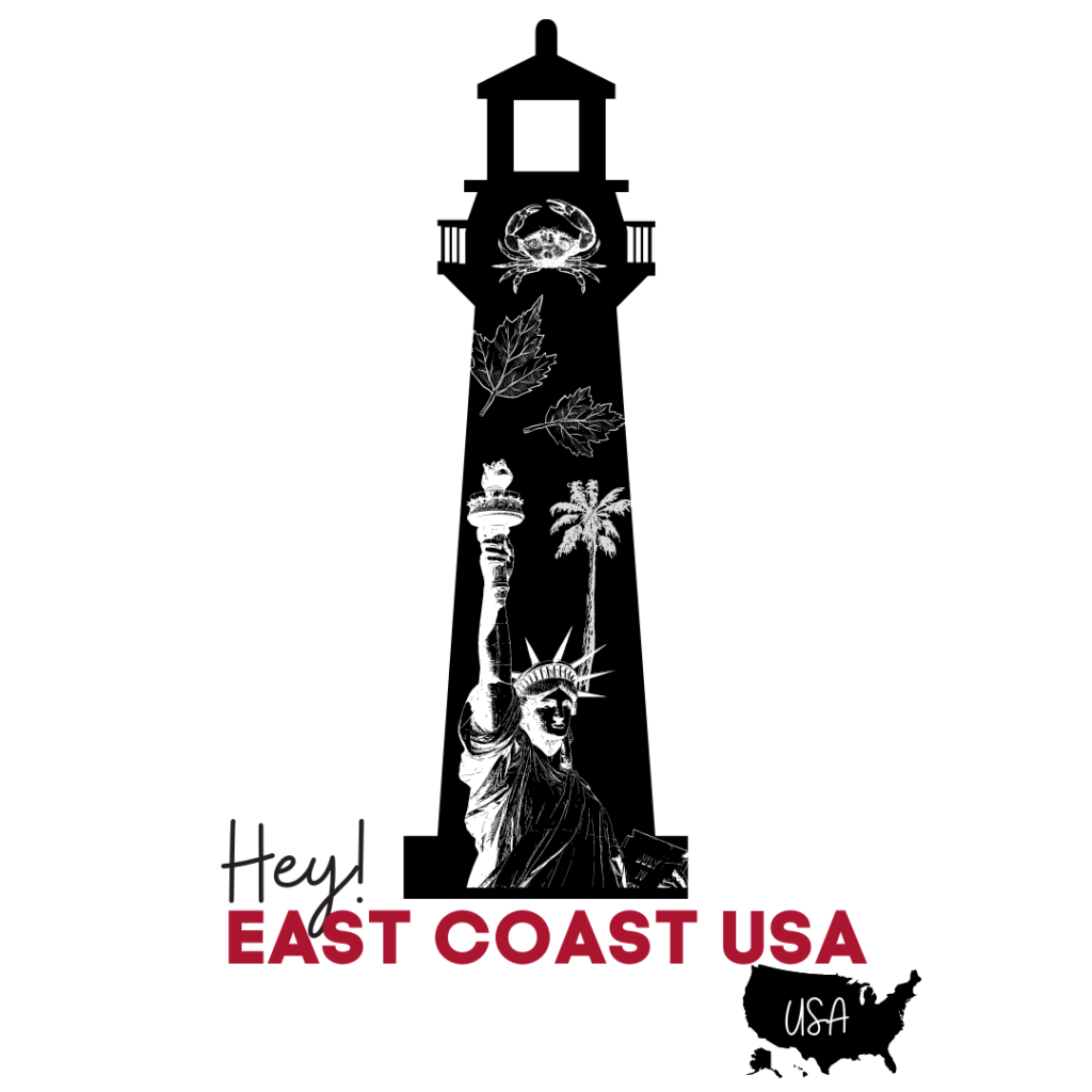 White background with black and red text Hey East Coast USA image of lighthouse