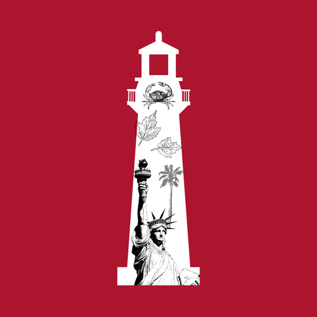 Deep red background with Hey East Coast USA logo lighthouse