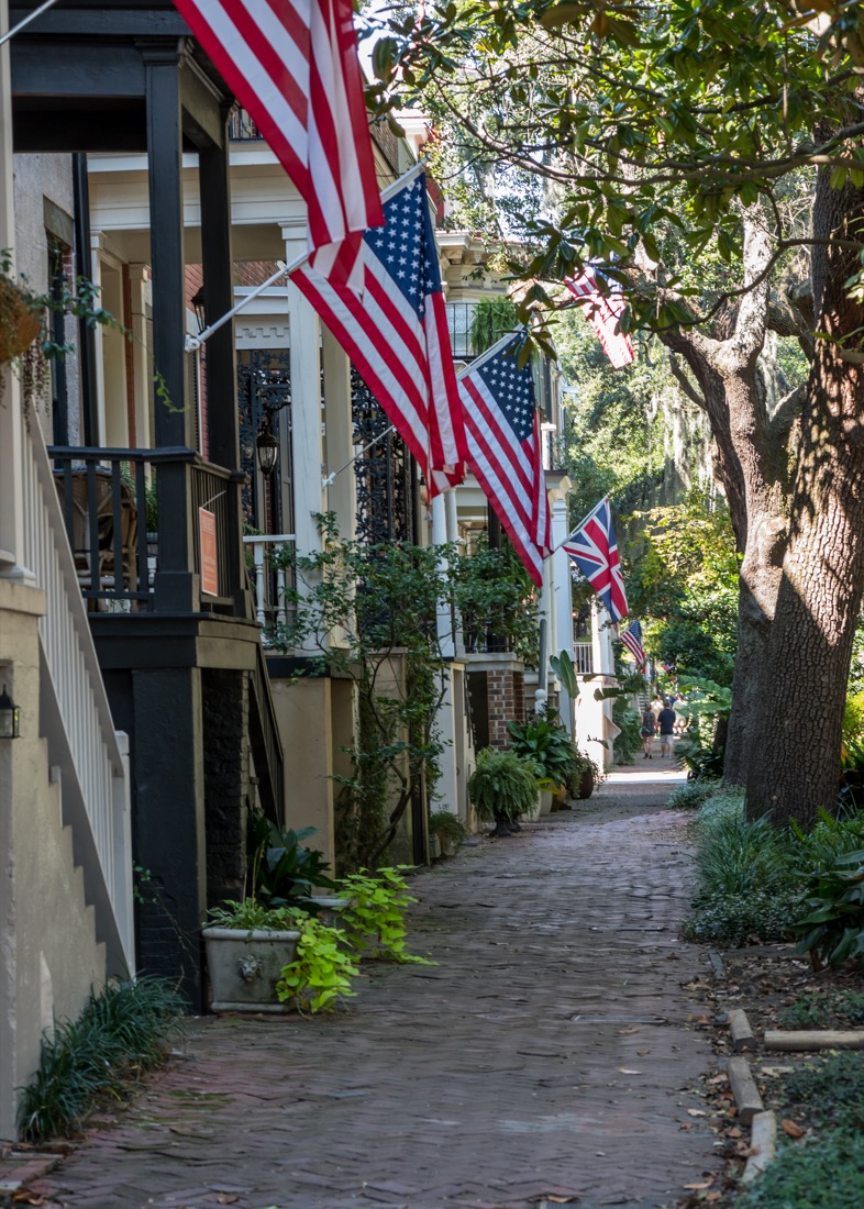 Jones Street in Savannah with US flags