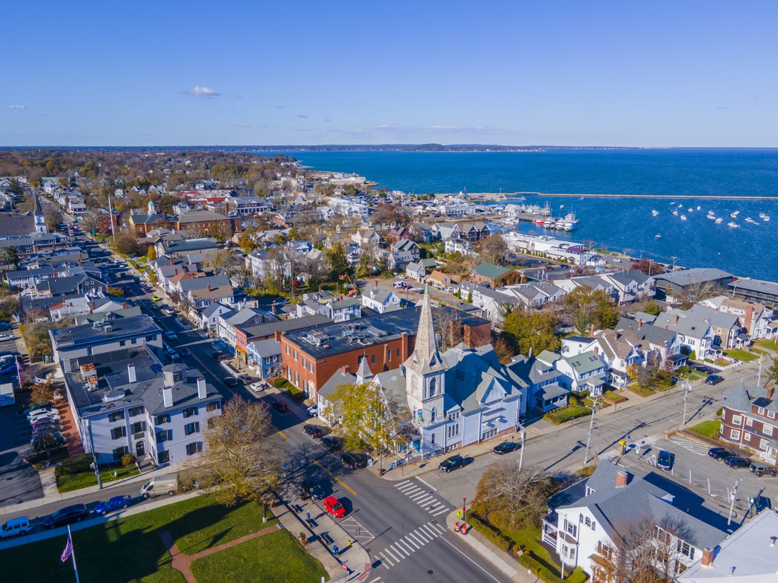 Spire Center for Performing Arts aerial view at 25 Court Street in fall, Plymouth, Massachusetts