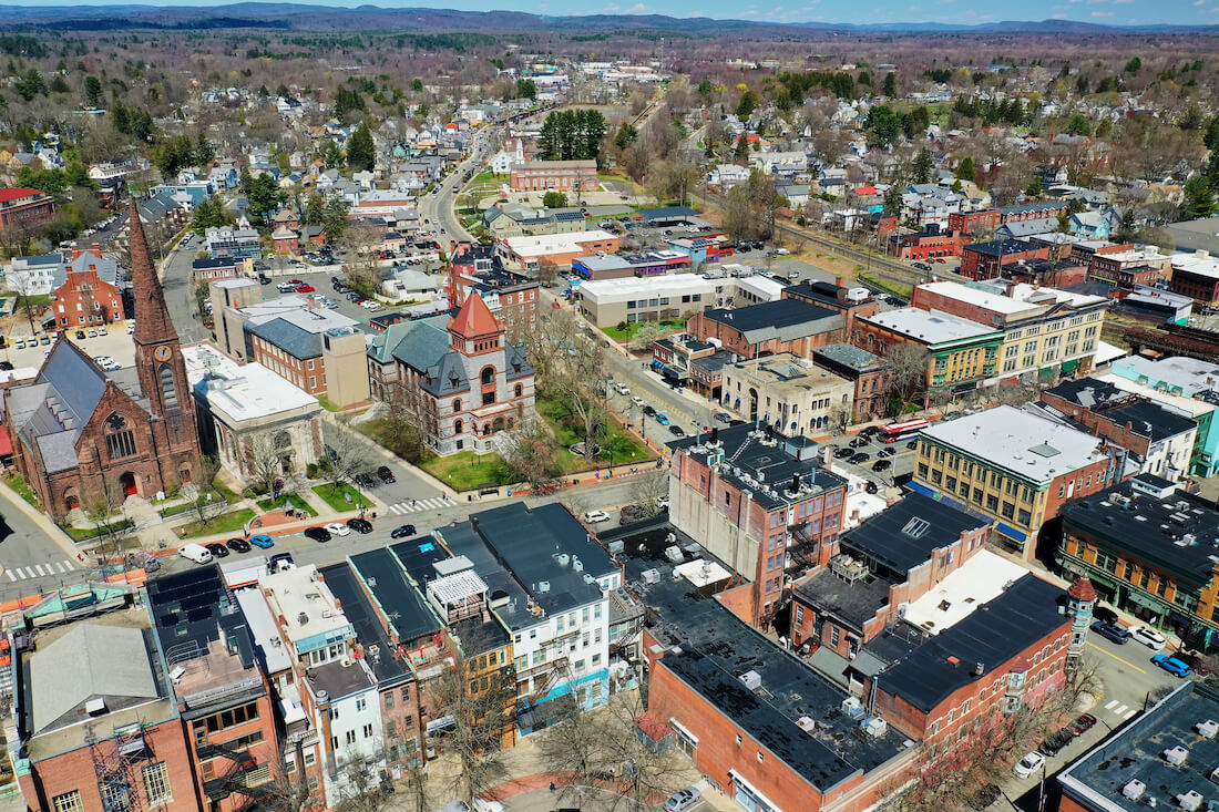 An aerial view of the town of Northampton in Western Massachusetts
