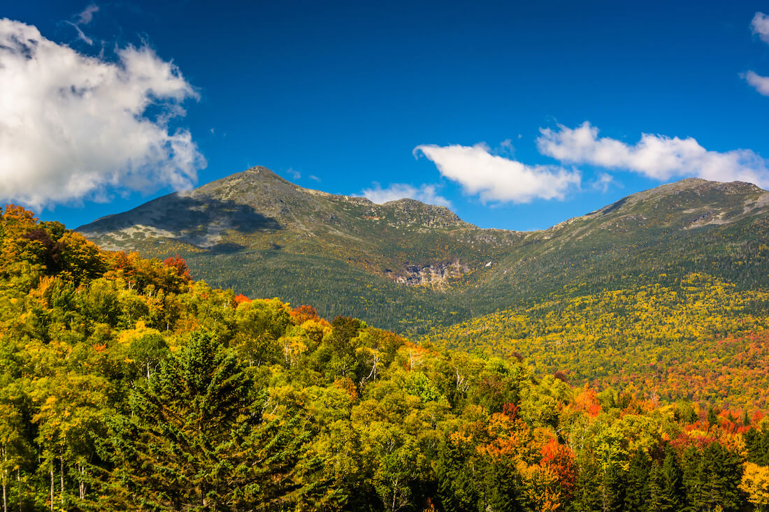 Autumn color and view of the Presidential Range in White Mountains New Hampshire