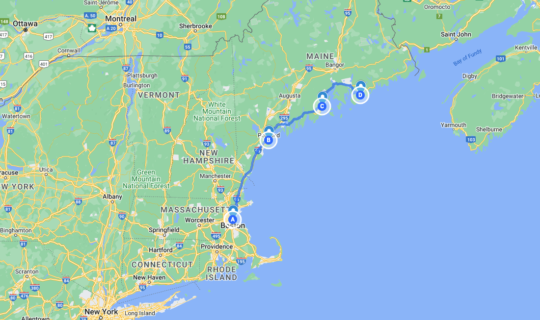 Boston to Maine road trip map, stopping at Portland, Camden, and Bar Harbor