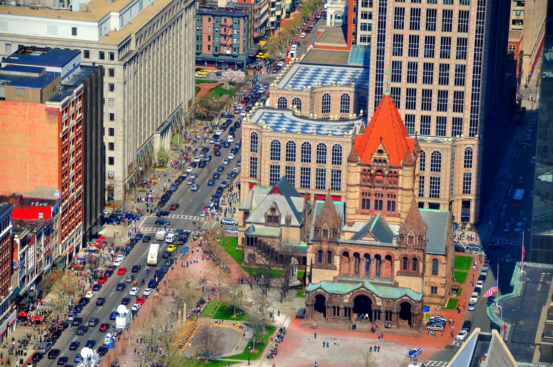 Aerial view of Trinity Church in Boston surrounded by traffic