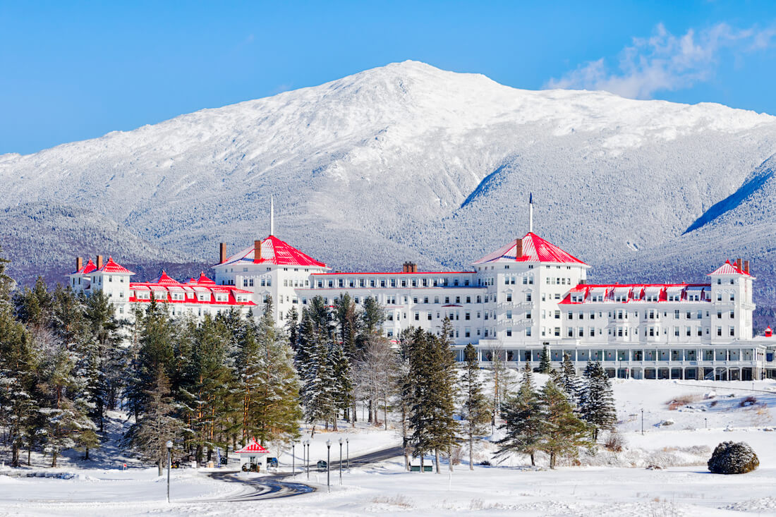 Winter landscape at the red-roofed, expansive Omni Mount Washington Resort in New Hampshire