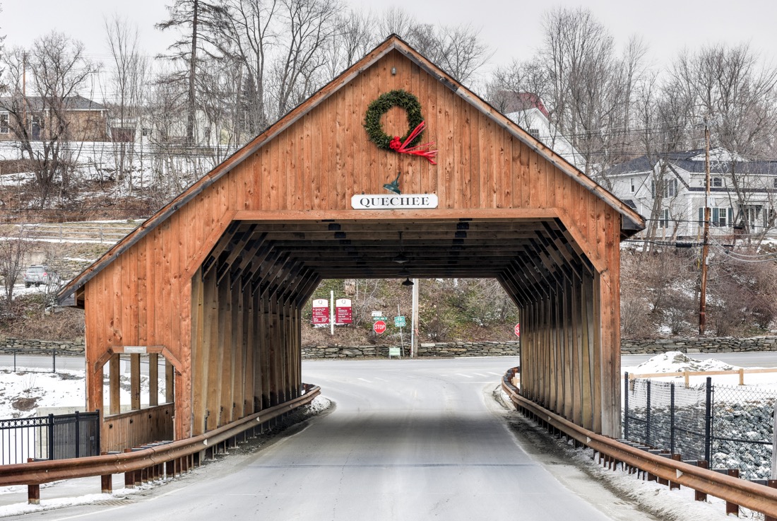 Snow scene with Quechee Covered Bridge in Vermont