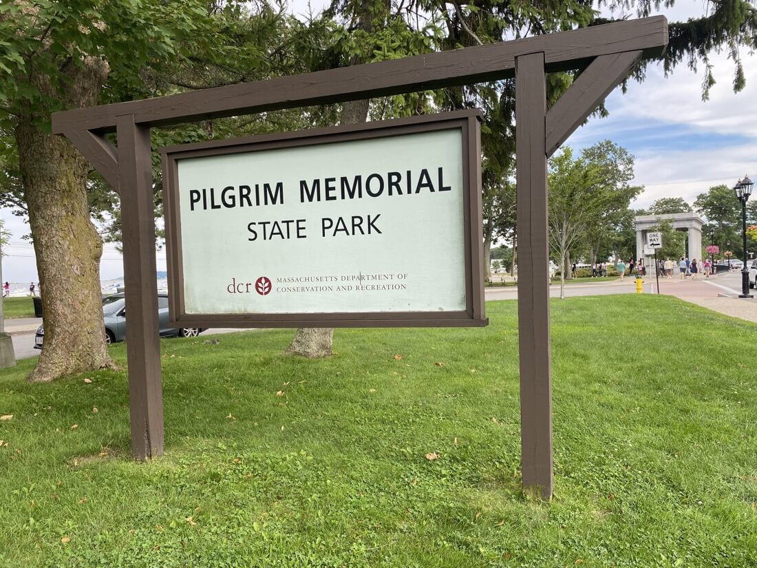 A Pilgrim Memorial State Park sign in Plymouth Massachusetts