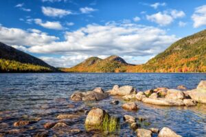 The start of fall colors at Jordan Pond Acadia National Park Maine