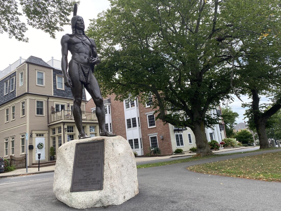 Massasoit statue overlooking Plymouth Harbor in Massachusetts
