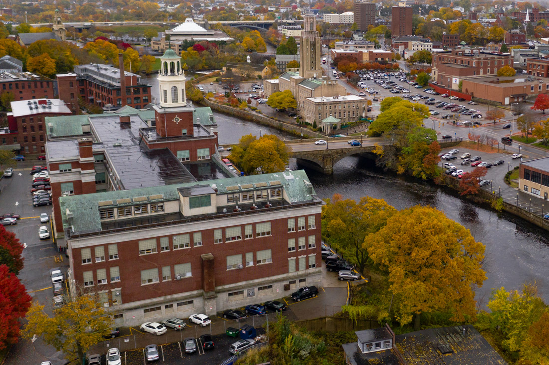 Fall colors surround the historic buildings of Pawtucket